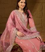 Women pink silk blend solid embroidered straight kurta trousers with dupatta