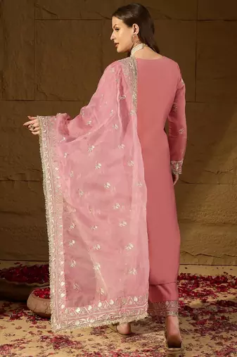 Women pink silk blend solid embroidered straight kurta trousers with dupatta