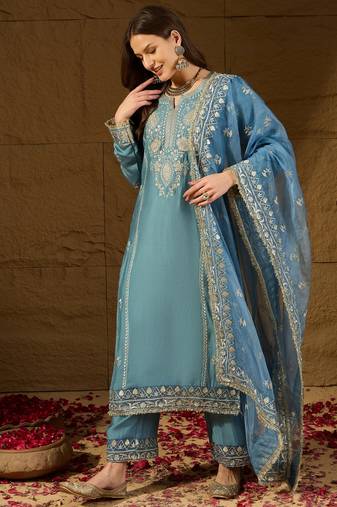 Women blue silk blend solid embroidered straight kurta trousers with dupatta