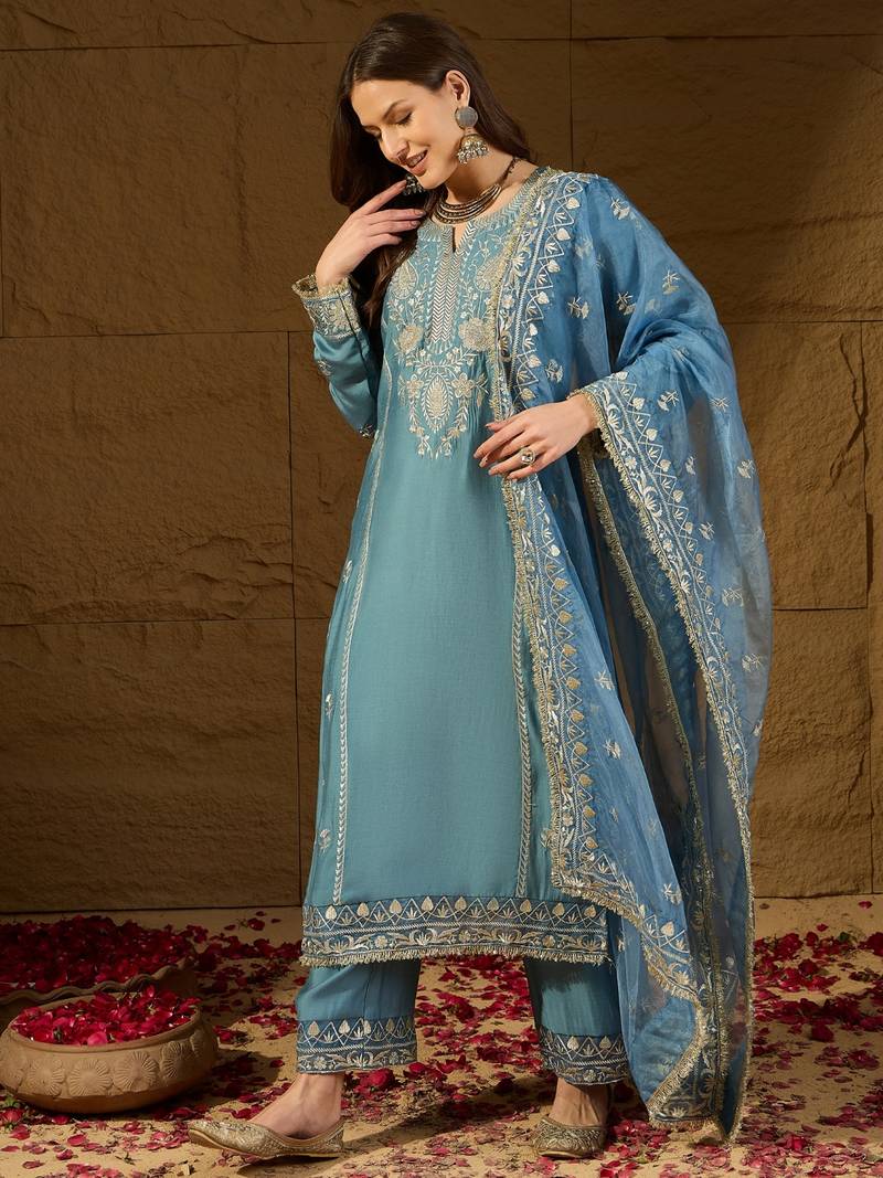 Women blue silk blend solid embroidered straight kurta trousers with dupatta