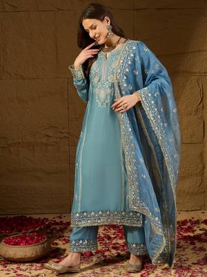 Women blue silk blend solid embroidered straight kurta trousers with dupatta 1