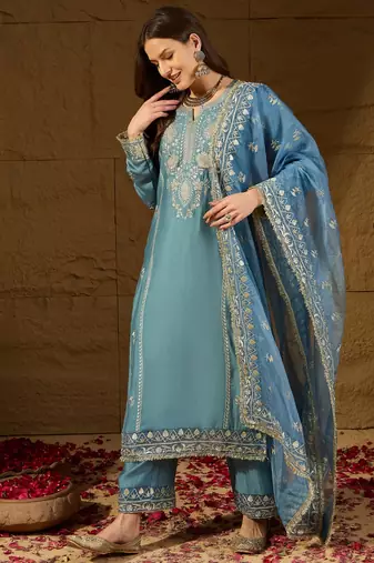 Women blue silk blend solid embroidered straight kurta trousers with dupatta