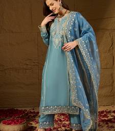 Women blue silk blend solid embroidered straight kurta trousers with dupatta