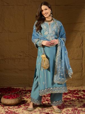 Women blue silk blend solid embroidered straight kurta trousers with dupatta 3