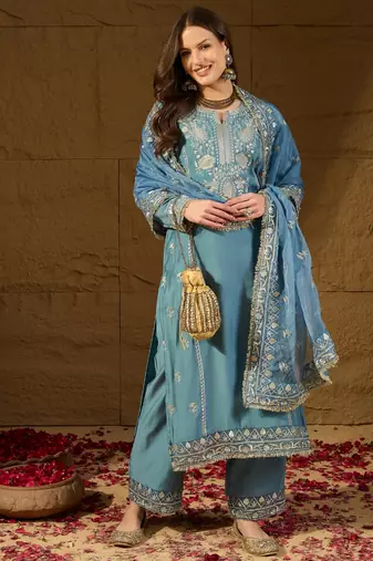 Women blue silk blend solid embroidered straight kurta trousers with dupatta