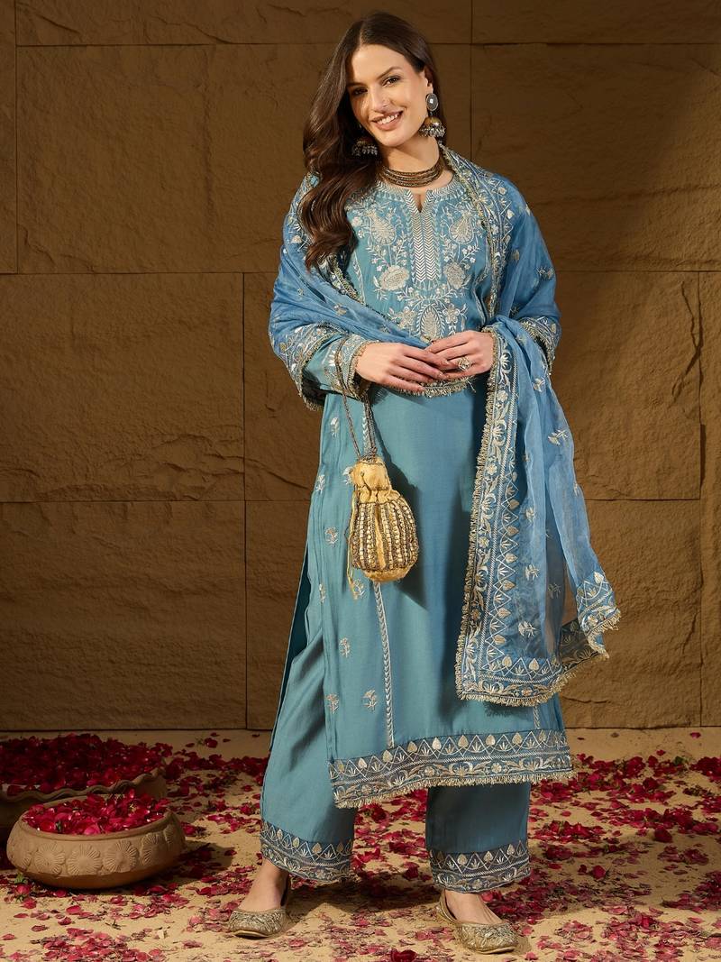 Women blue silk blend solid embroidered straight kurta trousers with dupatta