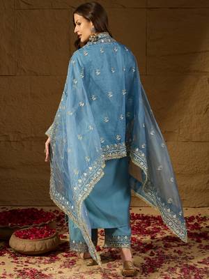 Women blue silk blend solid embroidered straight kurta trousers with dupatta 4