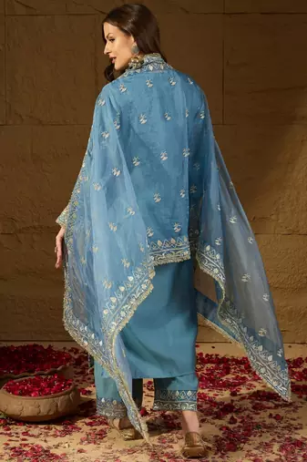 Women blue silk blend solid embroidered straight kurta trousers with dupatta
