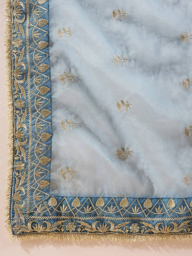 Women blue silk blend solid embroidered straight kurta trousers with dupatta