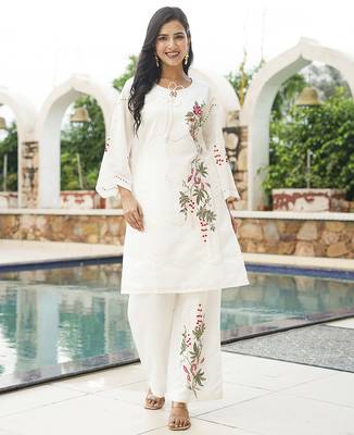 Women white silk blend solid embroidered coord sets 2