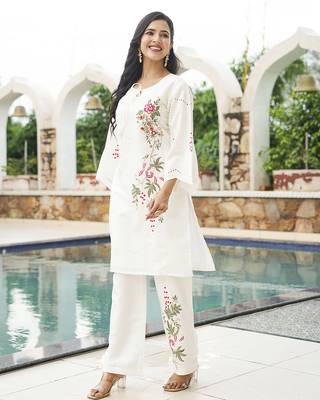 Women white silk blend solid embroidered coord sets 3