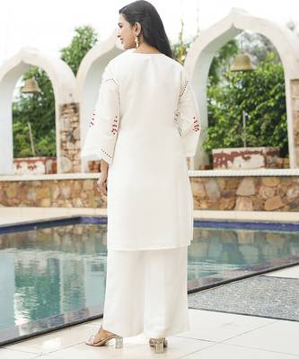 Women white silk blend solid embroidered coord sets 4