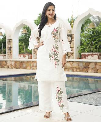 Women white silk blend solid embroidered coord sets 5