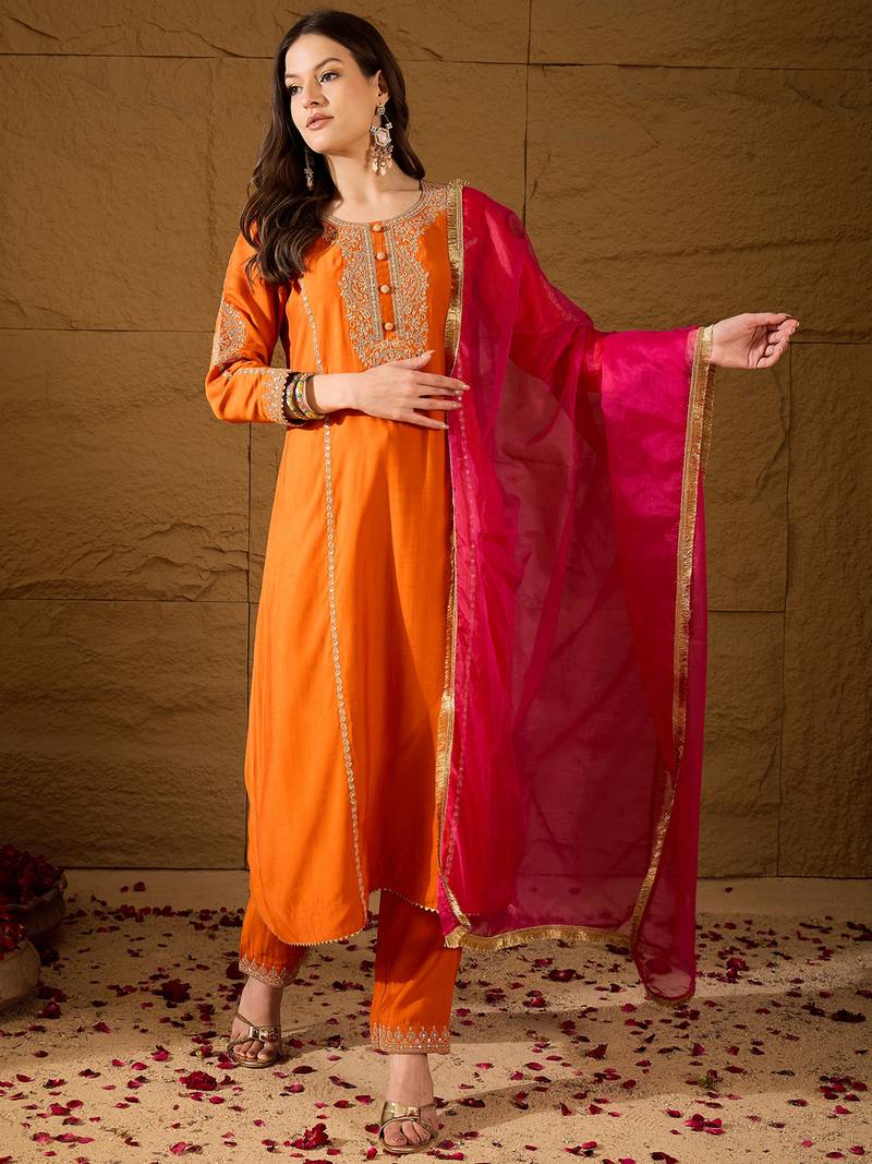 Women orange silk blend solid embroidered a-line kurta trouser with dupatta