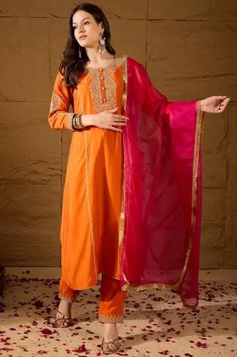 Women orange silk blend solid embroidered a-line kurta trouser with dupatta