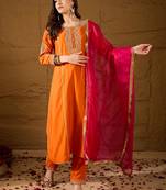 Women orange silk blend solid embroidered a-line kurta trouser with dupatta