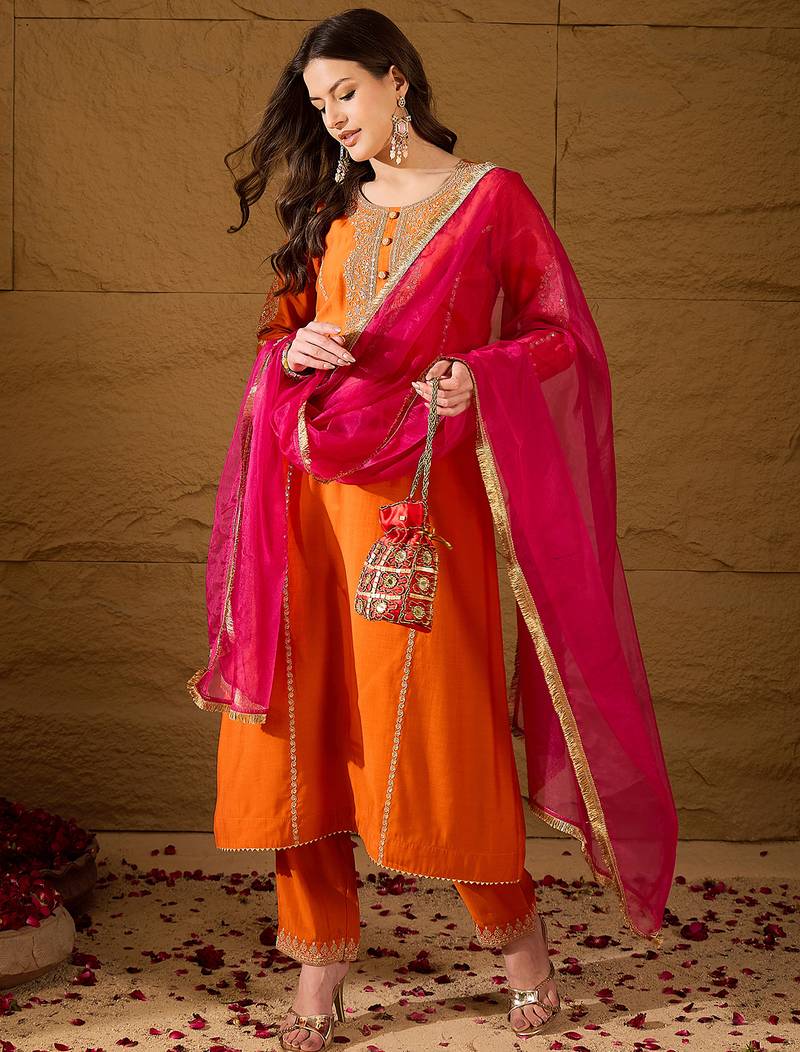 Women orange silk blend solid embroidered a-line kurta trouser with dupatta