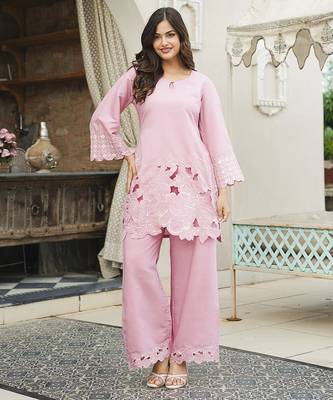 Women pink silk blend solid embroidered coord sets 2