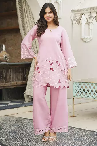 Women pink silk blend solid embroidered coord sets