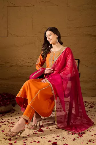 Women orange silk blend solid embroidered a-line kurta trouser with dupatta