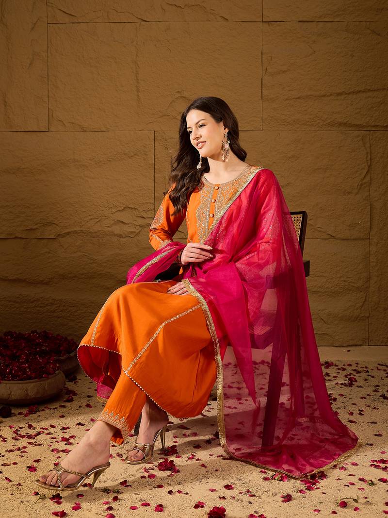 Women orange silk blend solid embroidered a-line kurta trouser with dupatta