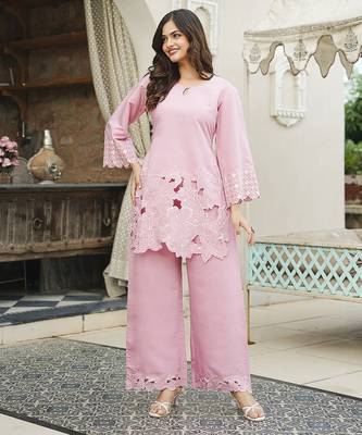 Women pink silk blend solid embroidered coord sets 3
