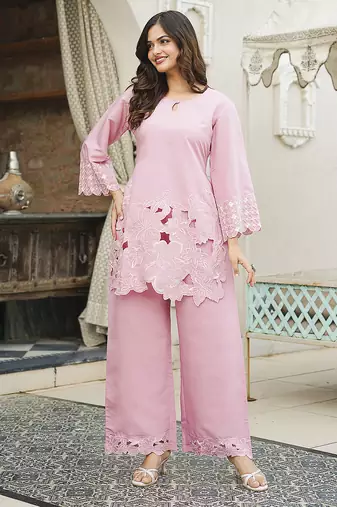 Women pink silk blend solid embroidered coord sets