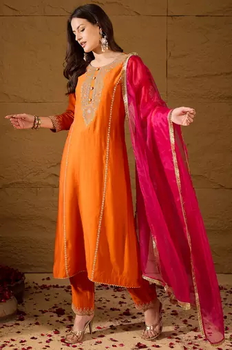Women orange silk blend solid embroidered a-line kurta trouser with dupatta