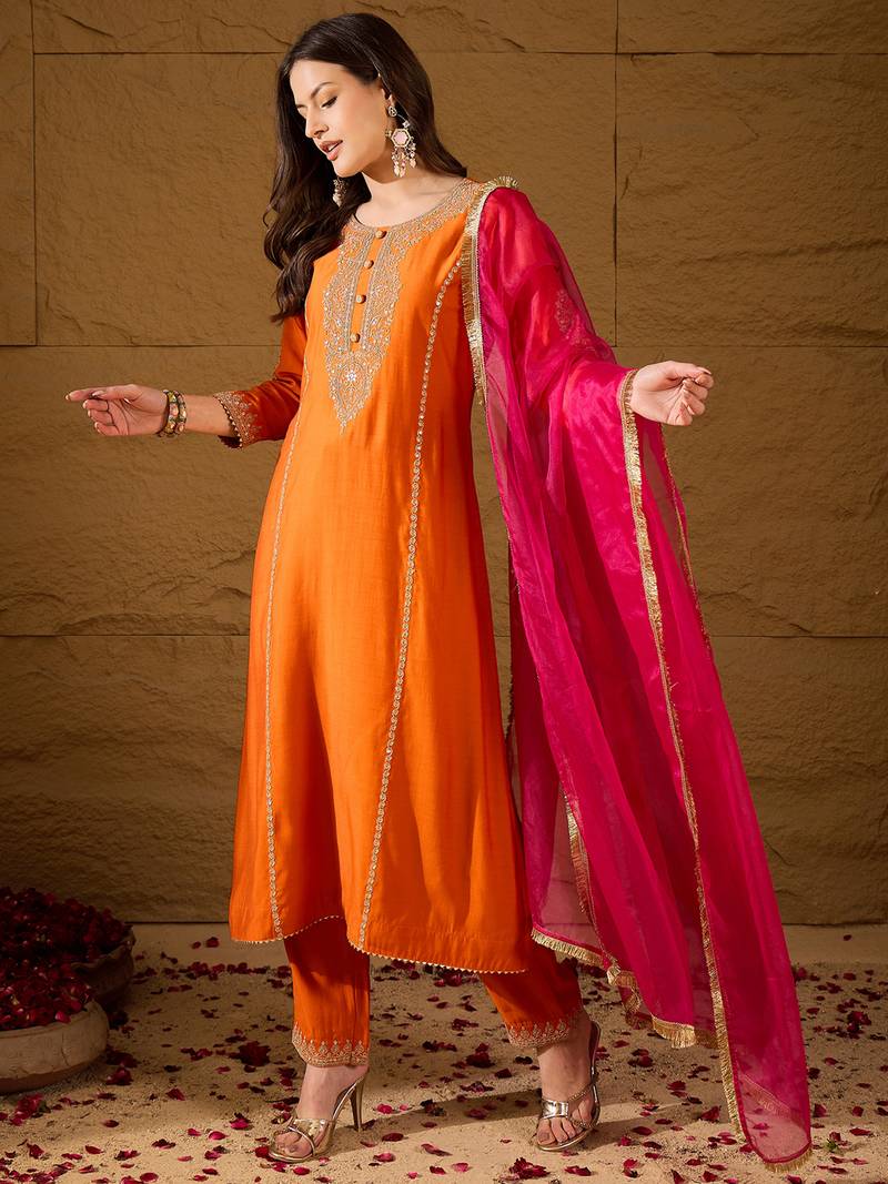Women orange silk blend solid embroidered a-line kurta trouser with dupatta
