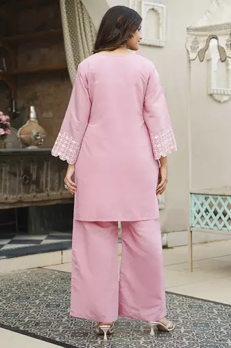 Women pink silk blend solid embroidered coord sets
