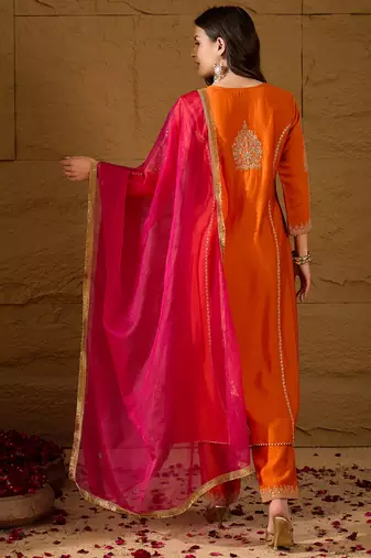 Women orange silk blend solid embroidered a-line kurta trouser with dupatta