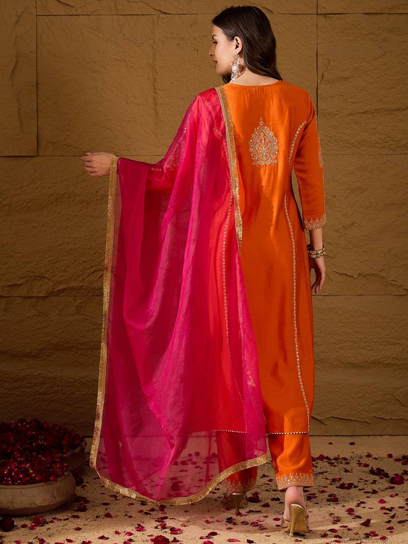 Women orange silk blend solid embroidered a-line kurta trouser with dupatta