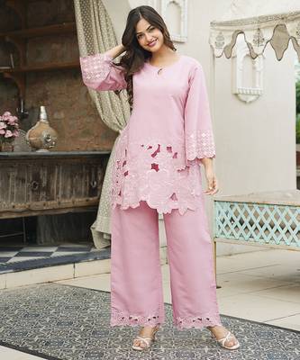 Women pink silk blend solid embroidered coord sets 5