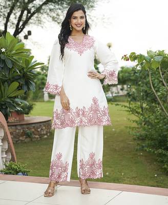 Women white silk blend solid embroidered coord sets 2