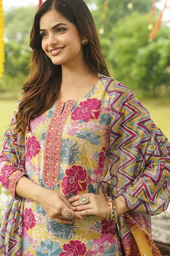 Women multicolor rayon blend floral printed straight kurta trousers with dupatta
