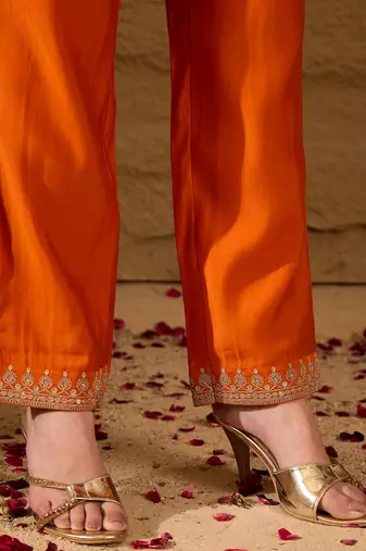 Women orange silk blend solid embroidered a-line kurta trouser with dupatta