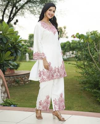 Women white silk blend solid embroidered coord sets 3