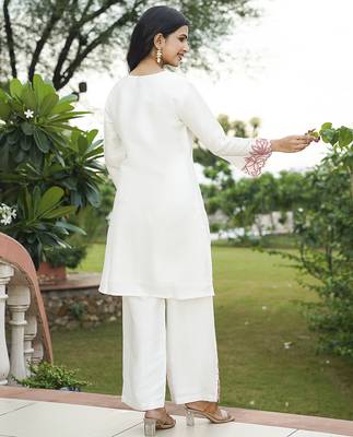 Women white silk blend solid embroidered coord sets 4