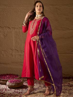 Women red silk blend solid embroidered a-line kurta trouser with dupatta 1