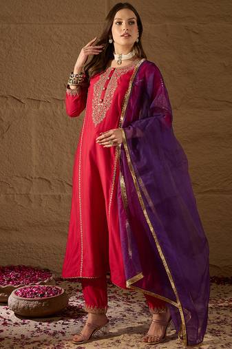 Women red silk blend solid embroidered a-line kurta trouser with dupatta