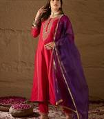 Women red silk blend solid embroidered a-line kurta trouser with dupatta