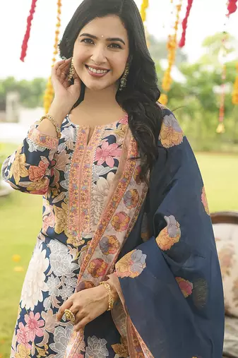 Women blue rayon blend floral printed straight kurta trousers with dupatta