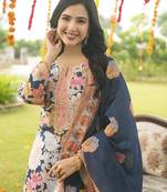 Women blue rayon blend floral printed straight kurta trousers with dupatta