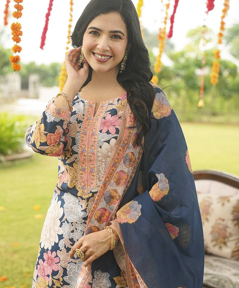 Women blue rayon blend floral printed straight kurta trousers with dupatta