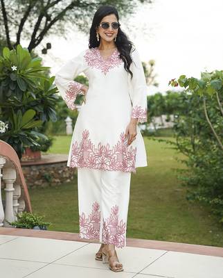 Women white silk blend solid embroidered coord sets 5