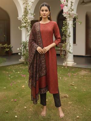 Women maroon rayon blend geometric printed straight kurta trousers with dupatta 2