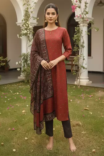 Women maroon rayon blend geometric printed straight kurta trousers with dupatta