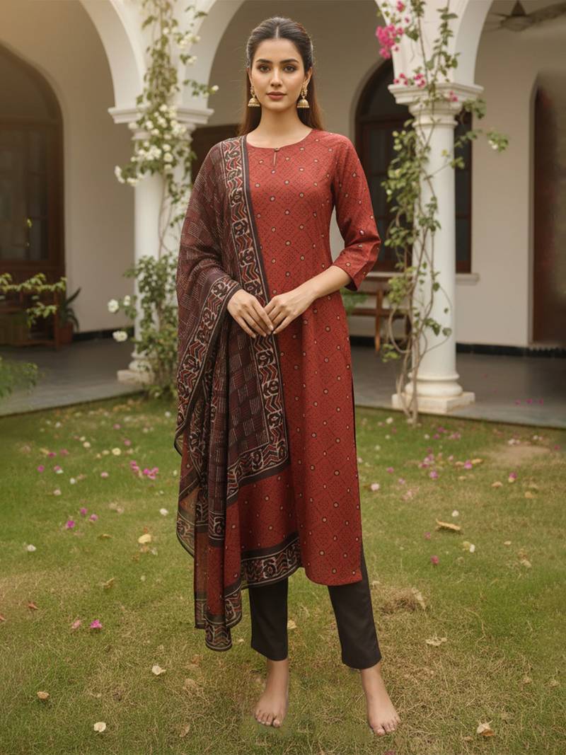 Women maroon rayon blend geometric printed straight kurta trousers with dupatta