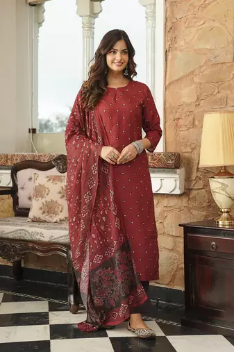 Maroon Rayon Blend Geometric Printed Kurta Trousers