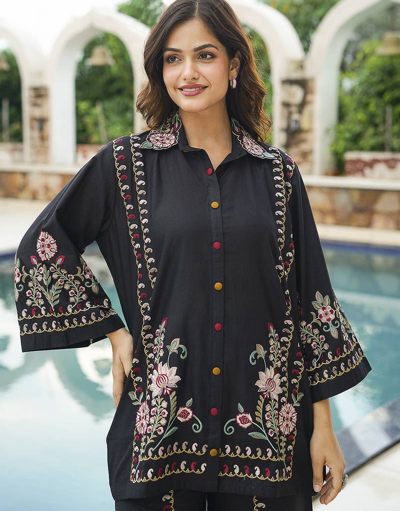 Women black pure cotton solid embroidered coord sets